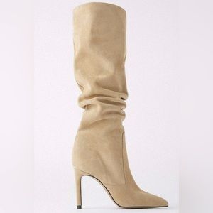 ZARA split suede knee high leather heels boots stilettos sand colored size 38